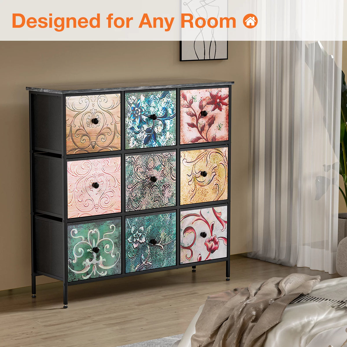 Black 9 Drawer Dresser with Steel Frame and Wood Top Z989