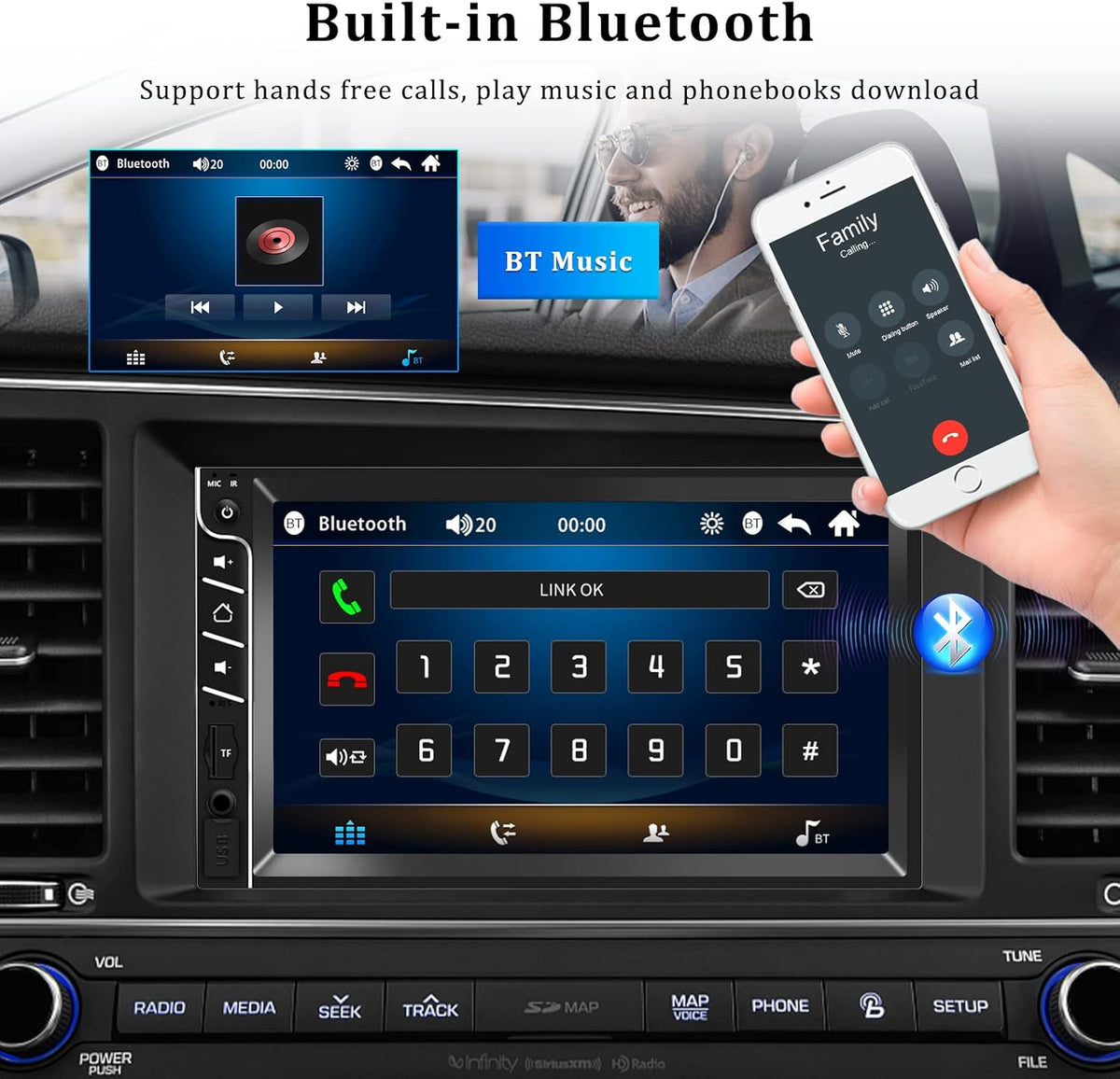 Double Din 7'' Touch Screen Car Stereo with Bluetooth and Rear Camera Y68505