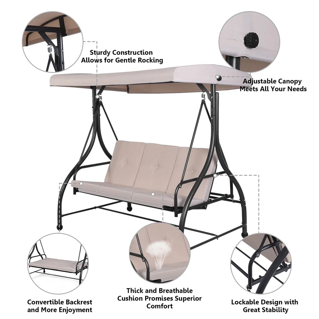 Converting Outdoor Swing Canopy Hammock 3 Seats Beige D8422