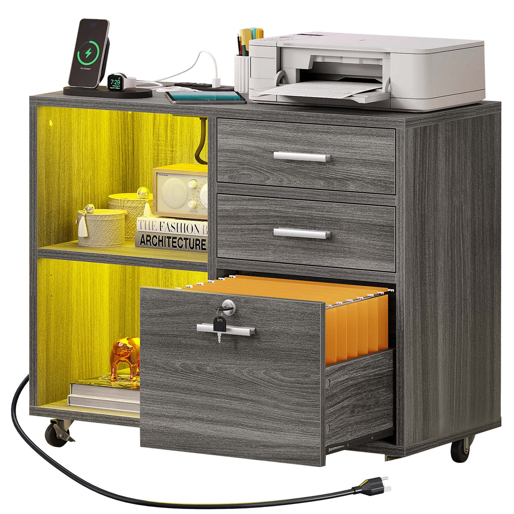 3 Drawer File Cabinet with Charging Station Lock LED Light Black J807372