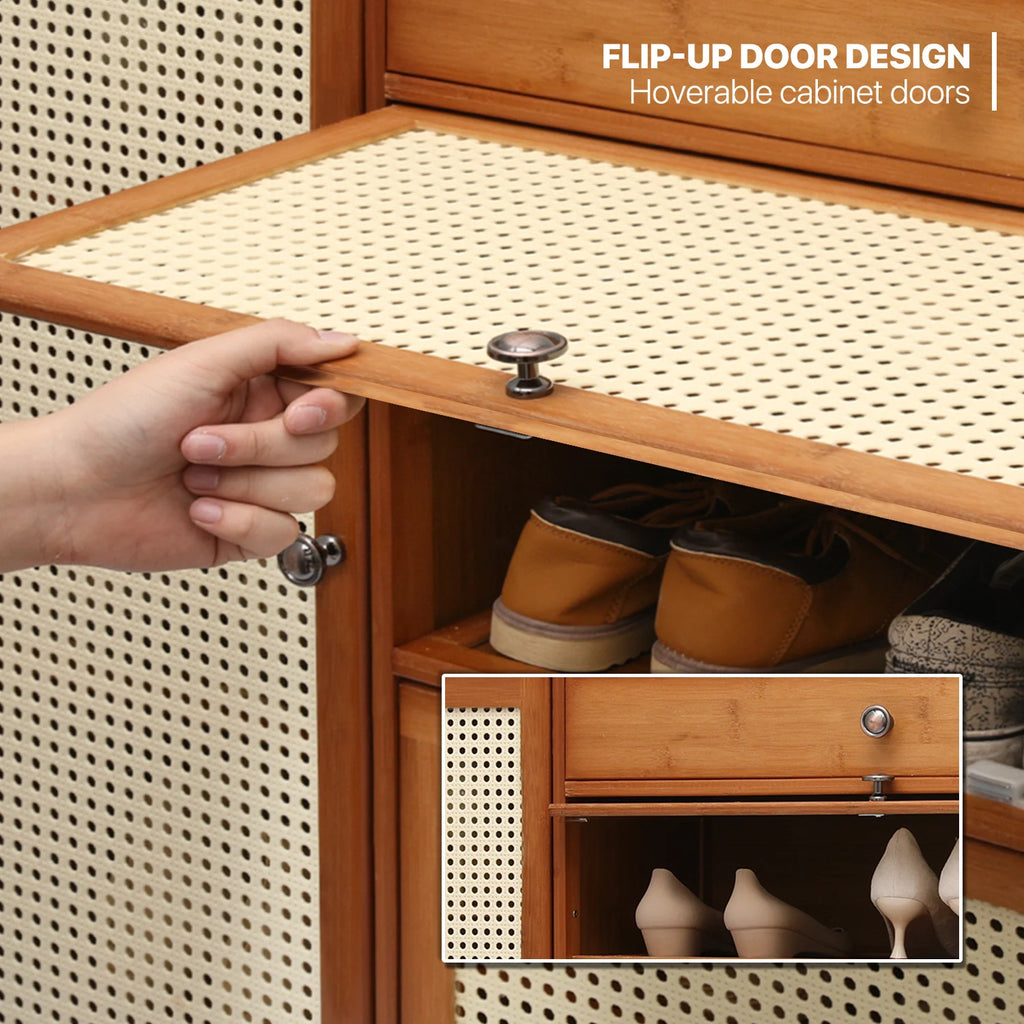 6-Tiers Rattan Shoe Storage Cabinet with Drawer, 32 Pairs, 8 Boots Compartments, Brown E571085