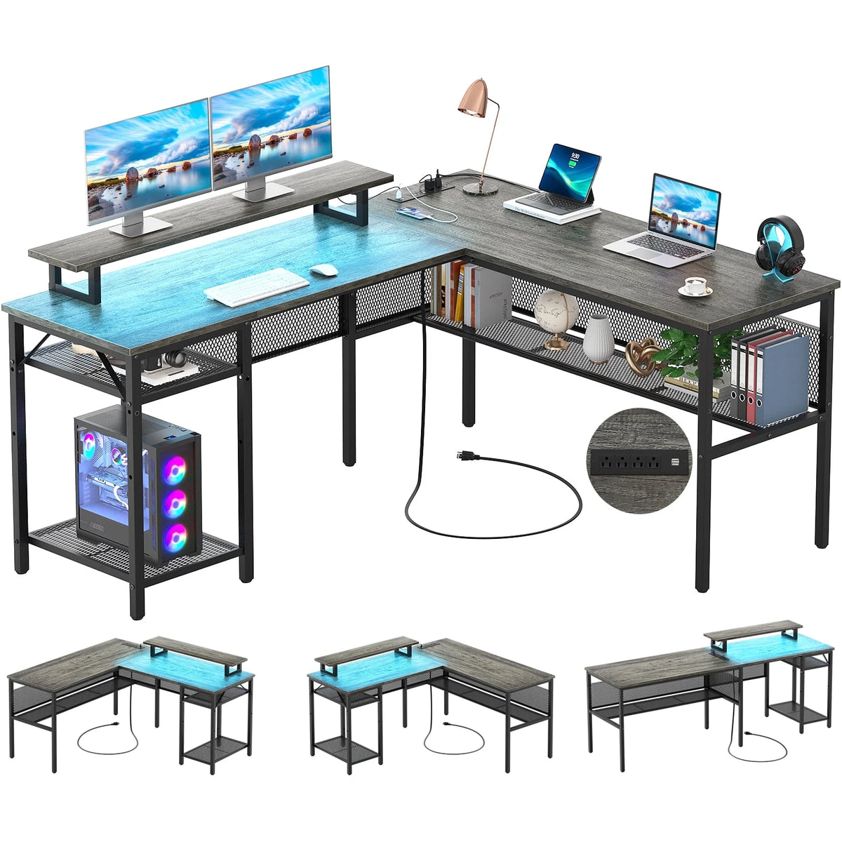 55 Inch Reversible L Shaped Computer Desk with Power Outlets N112