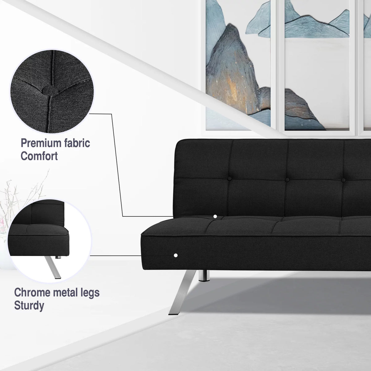 Black Convertible Fabric Futon Sofa Bed H831733