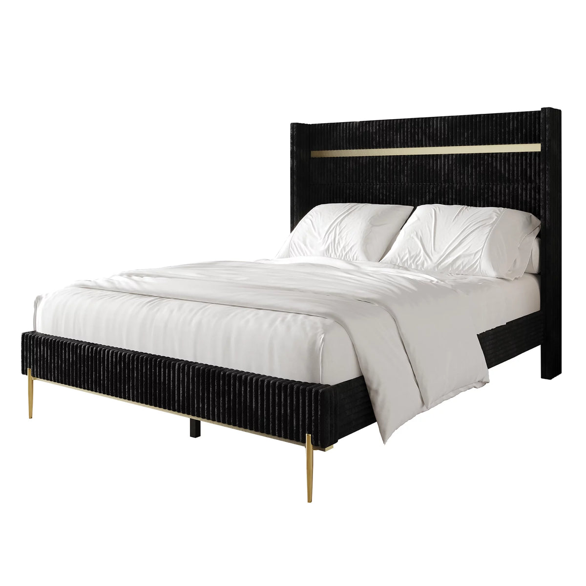 Gold PU Strip Wingback Velvet Upholstered Bed Black, Full C1777