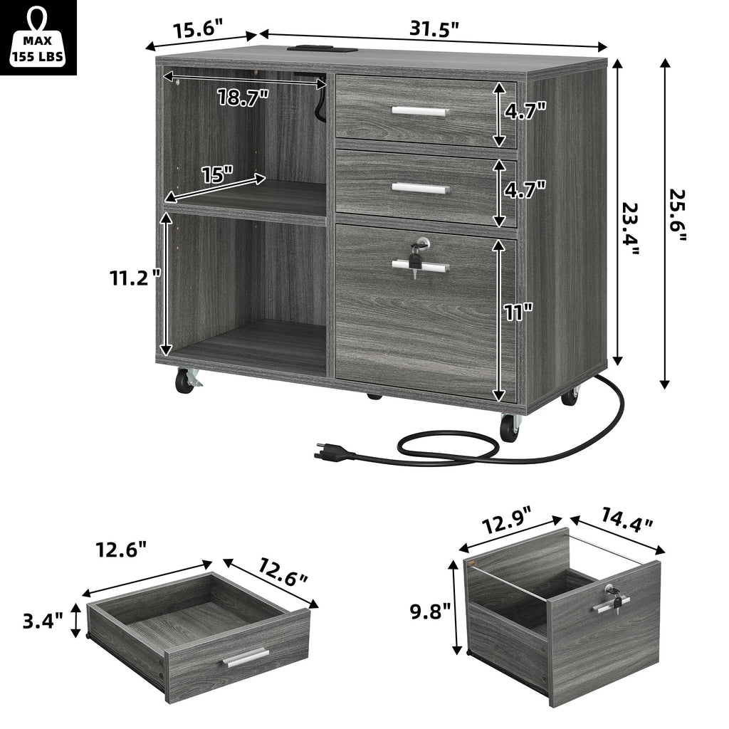 3 Drawer File Cabinet with Charging Station Lock LED Light Black J807372