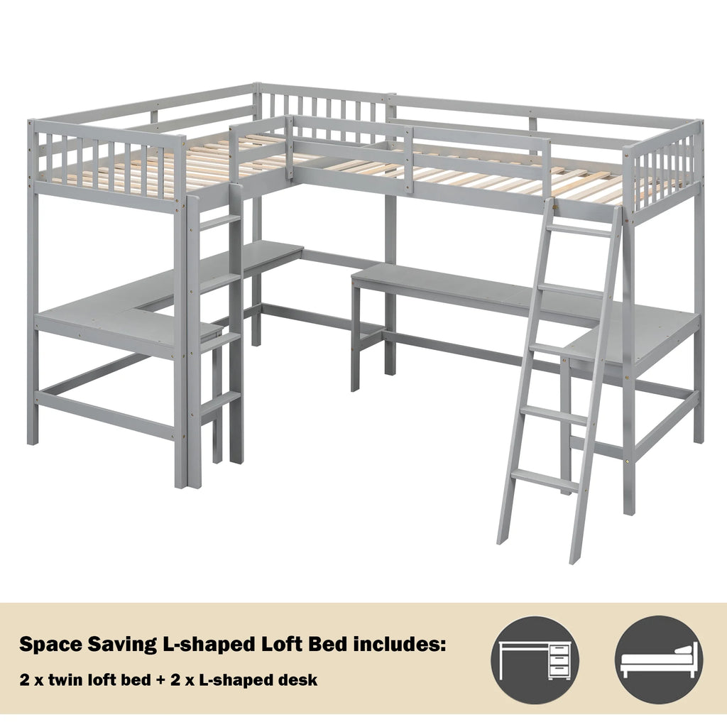 Twin Size L-Shaped Loft Bed with Desk, Ladder and Guardrails D820