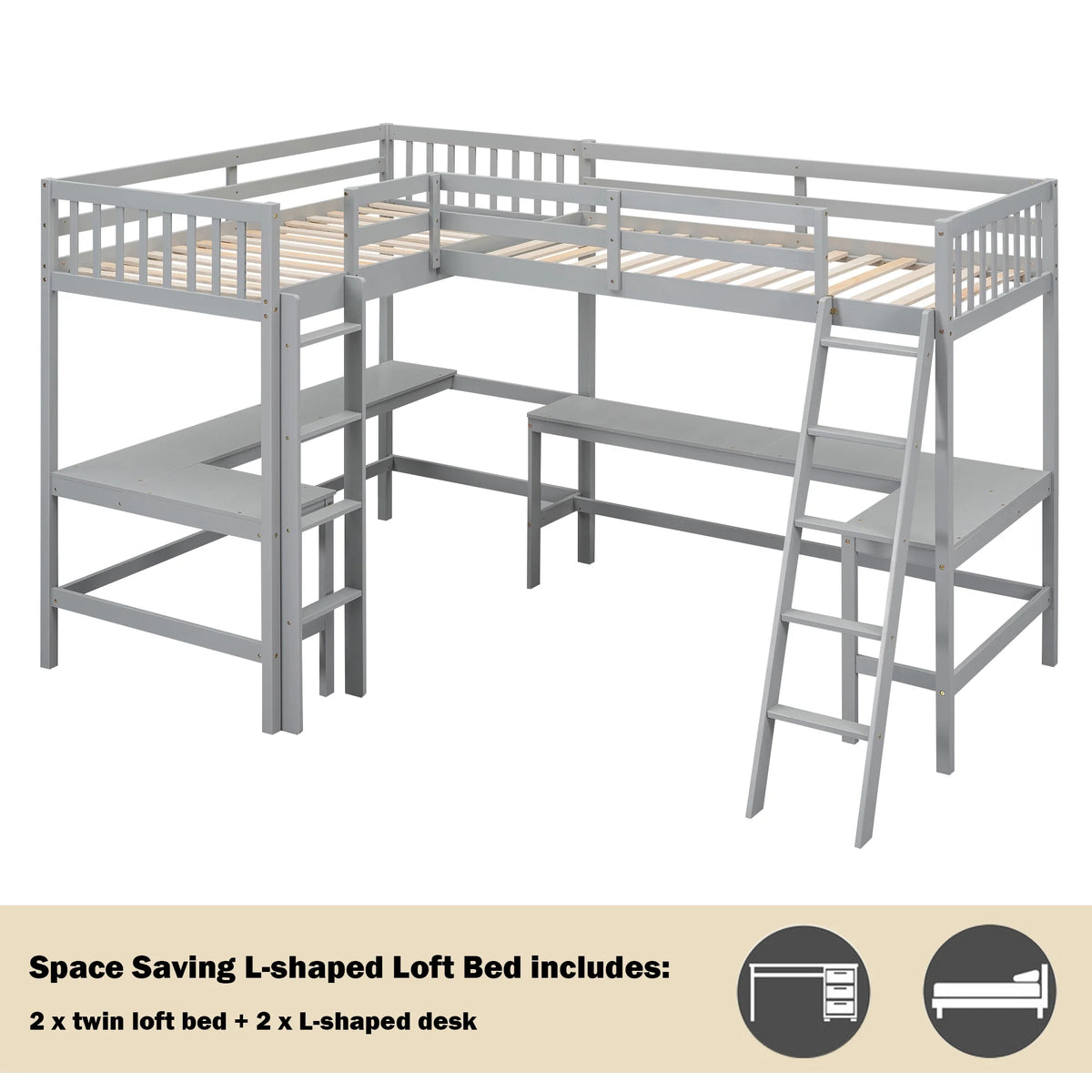 Twin Size L-Shaped Loft Bed with Desk, Ladder and Guardrails D820