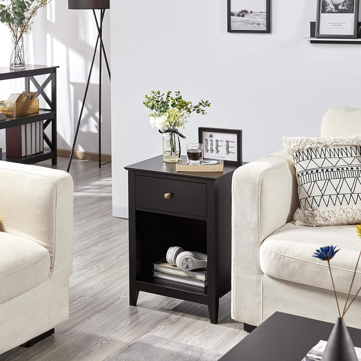 1 Drawer 2-Tier Wooden Sofa Side Table Black E450