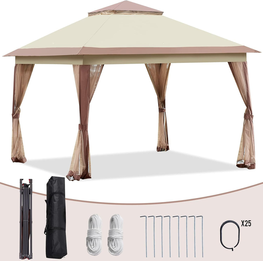 11’ X 11’ Pop Up Canopy Tent with Mosquito Netting, Beige I75952
