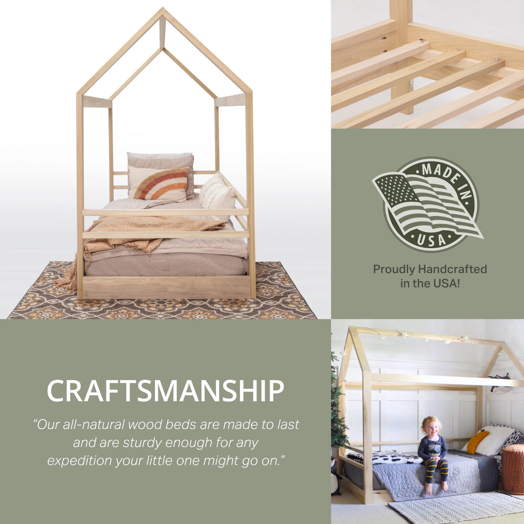 Natural Twin Size House Bed on Raised Platform with Side Rails S6744
