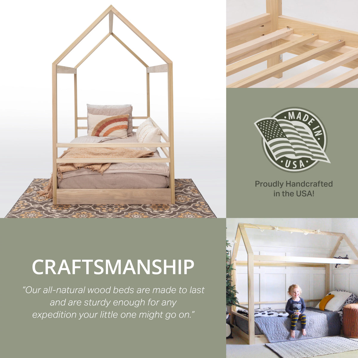 Natural Twin Size House Bed on Raised Platform with Side Rails S6744