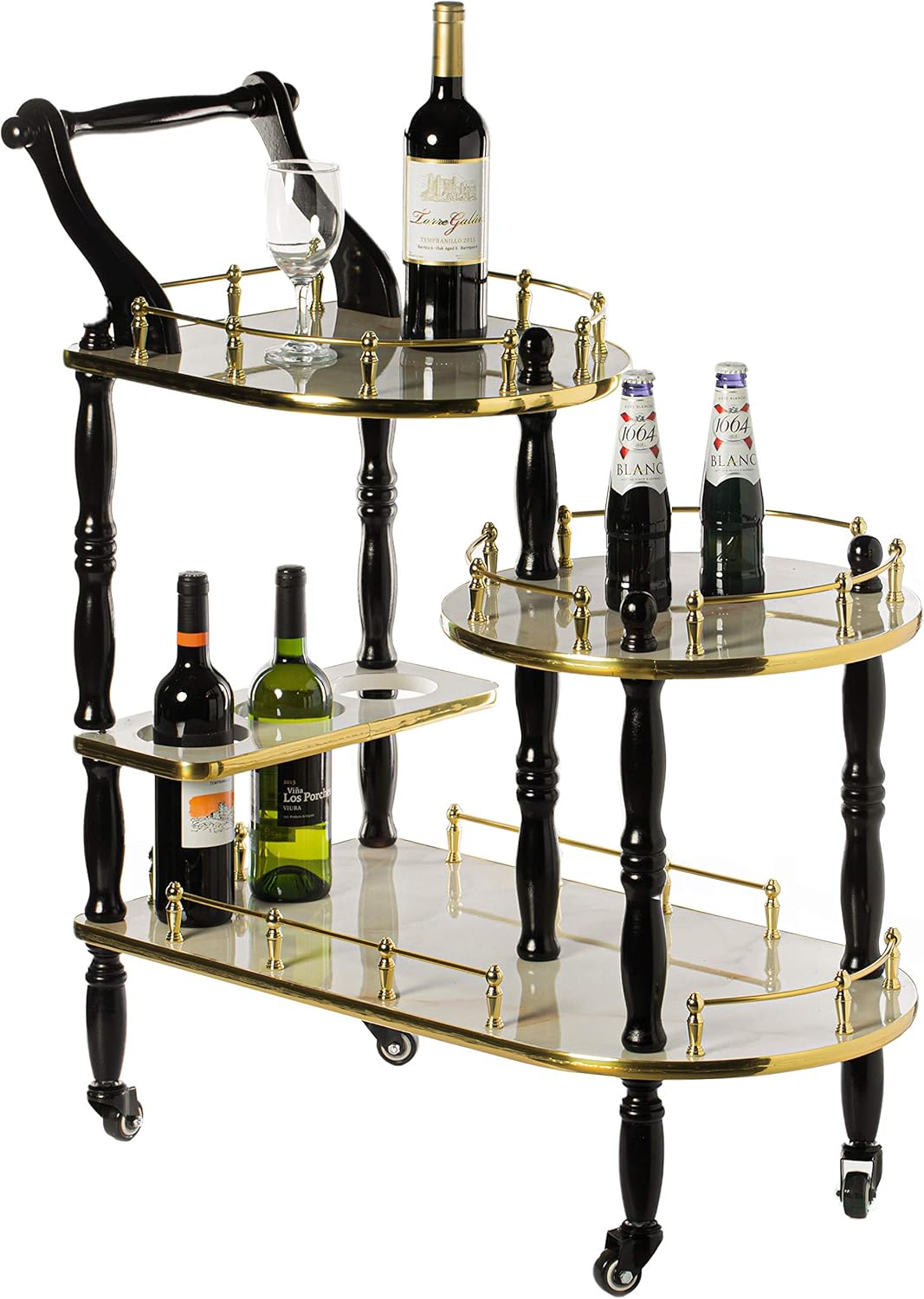 Gold Black and White 3 Tier Wood Serving Bar Cart D30833