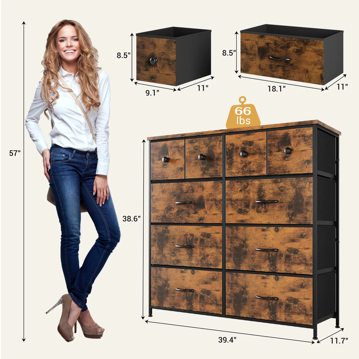 10 Drawer Tall Dresser with Wooden Top O2700