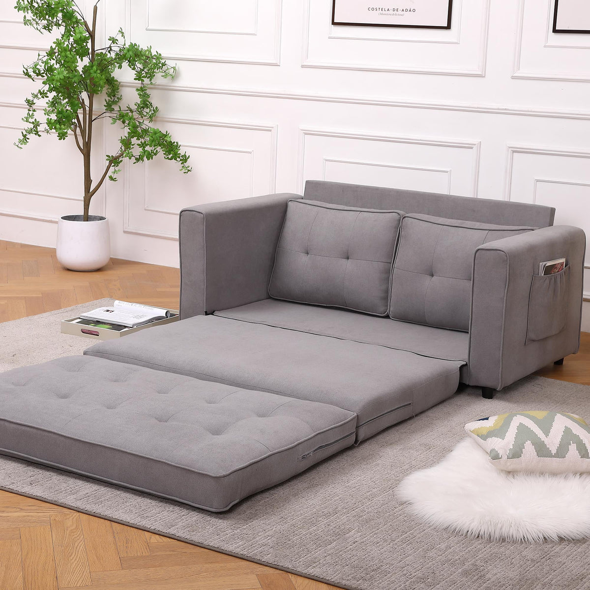 Upholstered Convertible Futon Sofa Bed with Side Pockets X97107