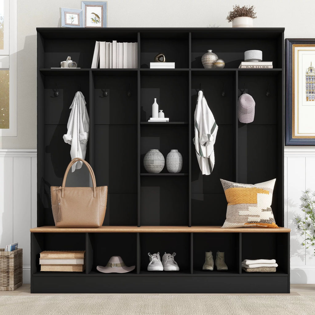 Black Hall Tree with Storage Bench and 8 Hooks V44327