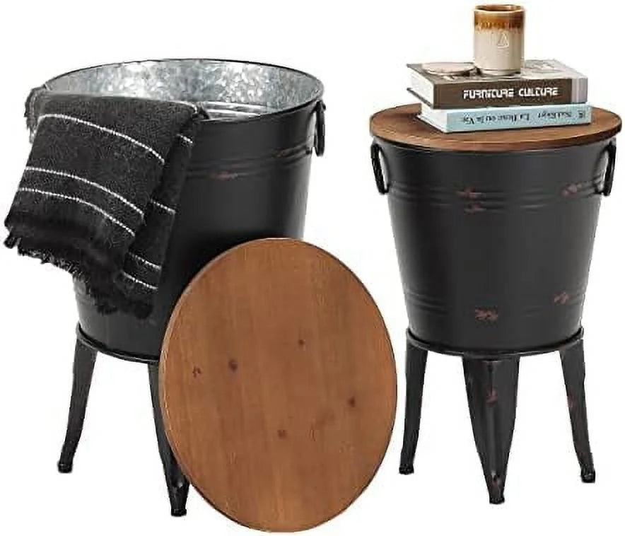Set of 2 Black Metal Wooden Side Table L68651