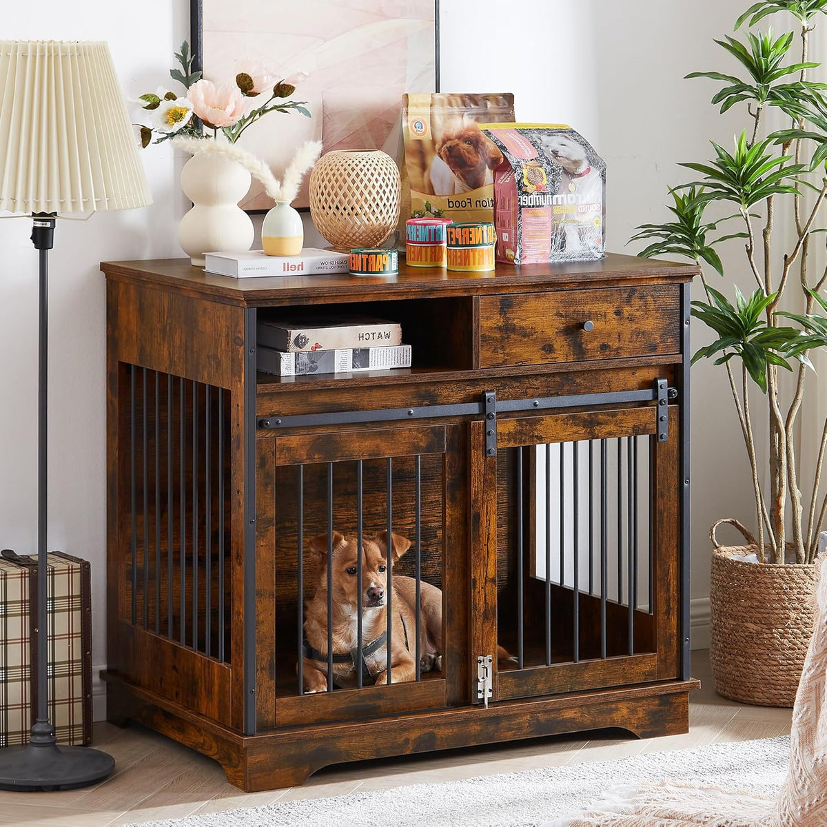 Rustic Brown Wooden Dog Crate with Sliding Barn Door and Storage Drawers X946
