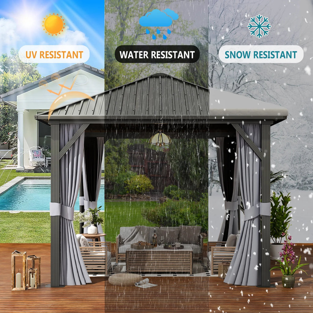10x 10 Hardtop Gazebo with Netting and Curtain, Gray O34871