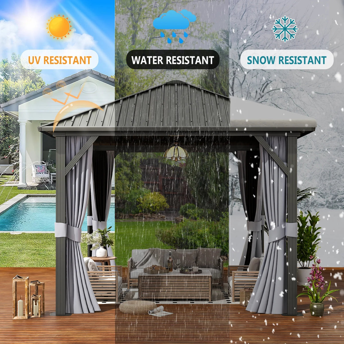 10x 10 Hardtop Gazebo with Netting and Curtain, Gray O34871