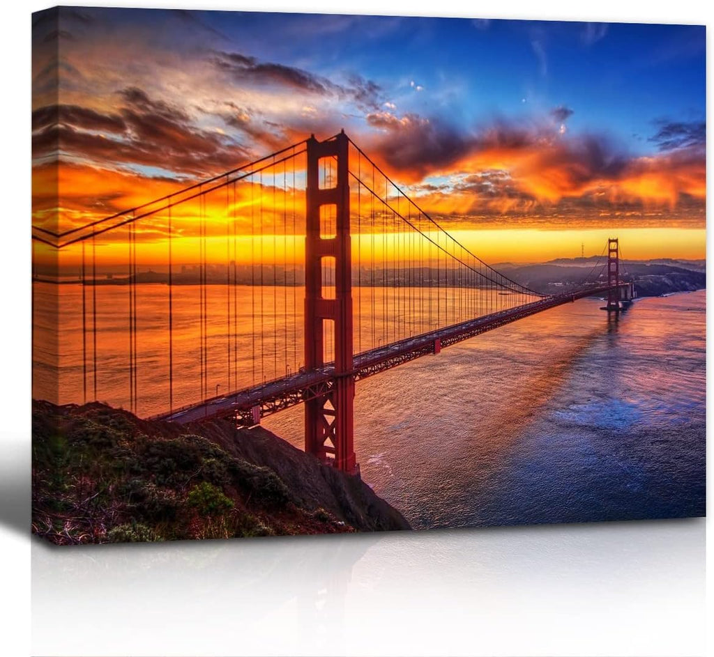 Golden Gate Bridge Canvas Prints Wall Art Sunset City Sea Landscape Poster Paintings, Ready to Hang N31115