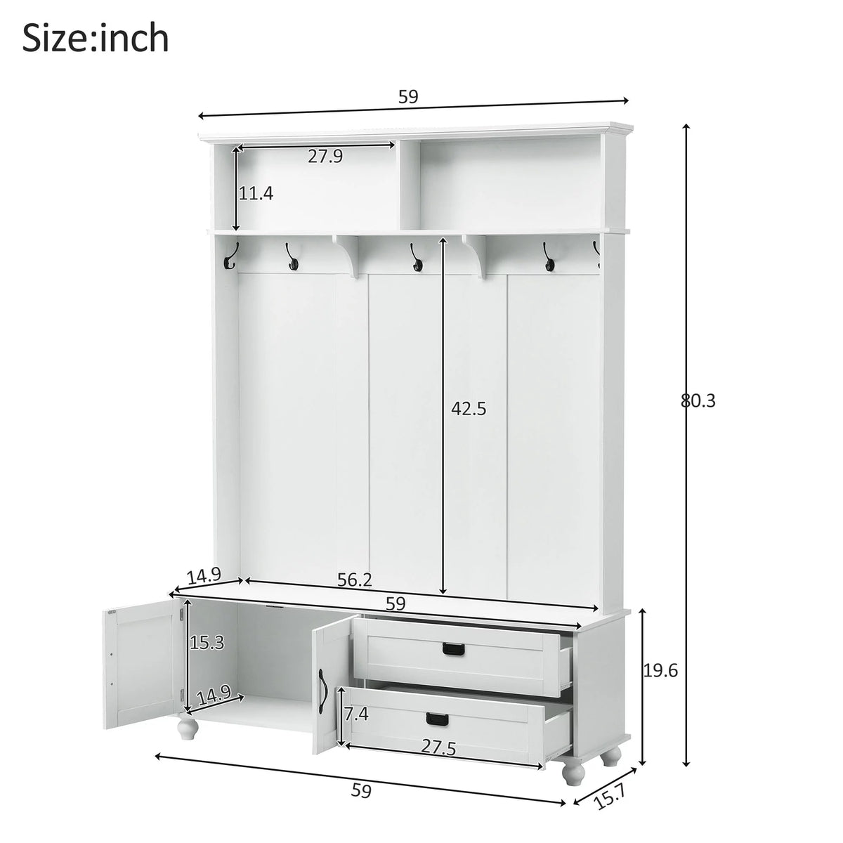White Hall Tree with Storage Cabinet and 2 Drawers Z449588