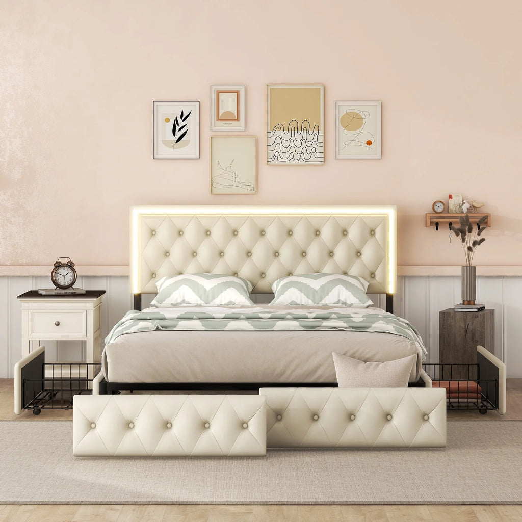 Beige Queen Upholstered Platform Bed Frame with 4 Storage Drawers U7095