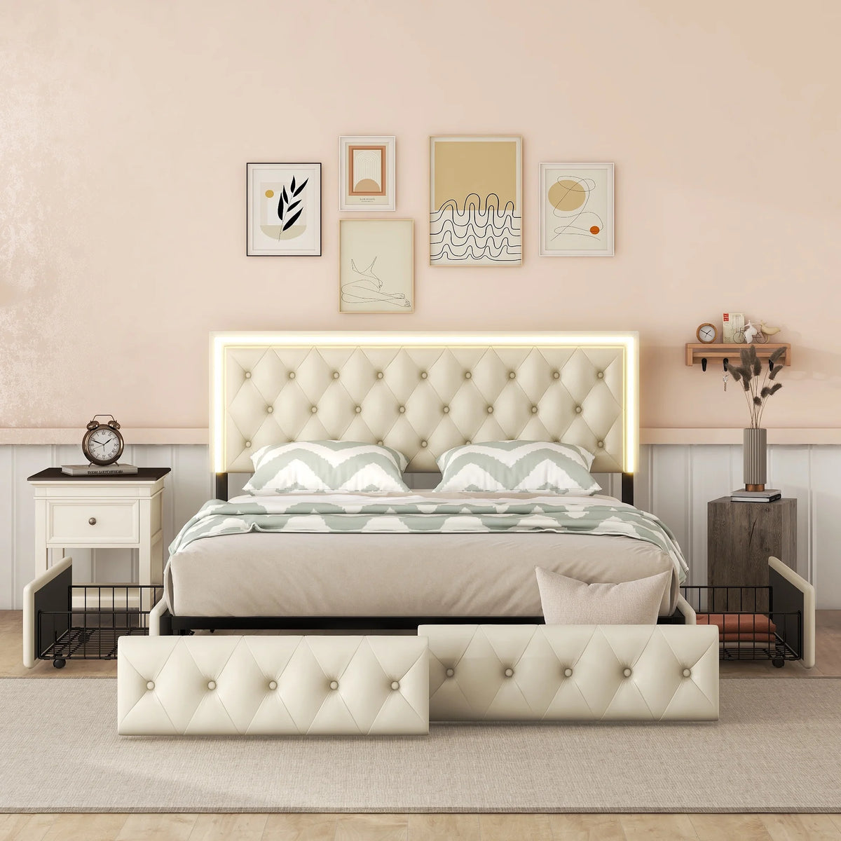 Beige Queen Upholstered Platform Bed Frame with 4 Storage Drawers U7095