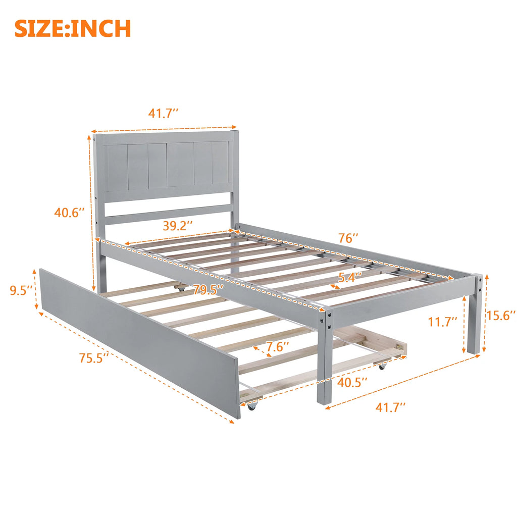 Twin Size Wood Platform Bed with Trundle and Headboard A1675