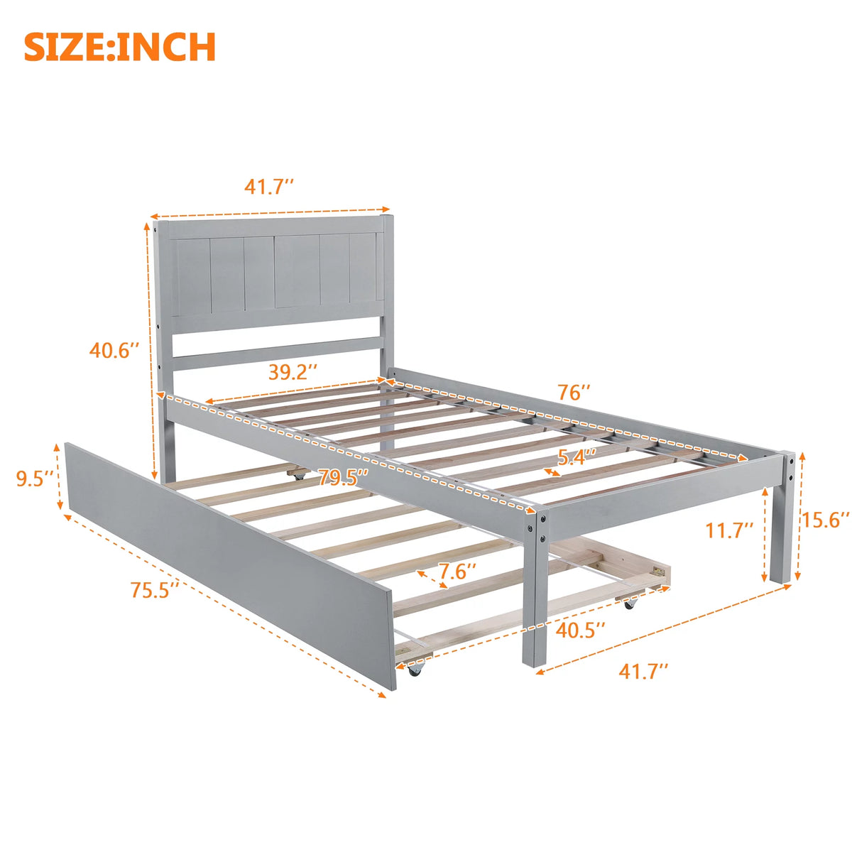 Twin Size Wood Platform Bed with Trundle and Headboard A1675