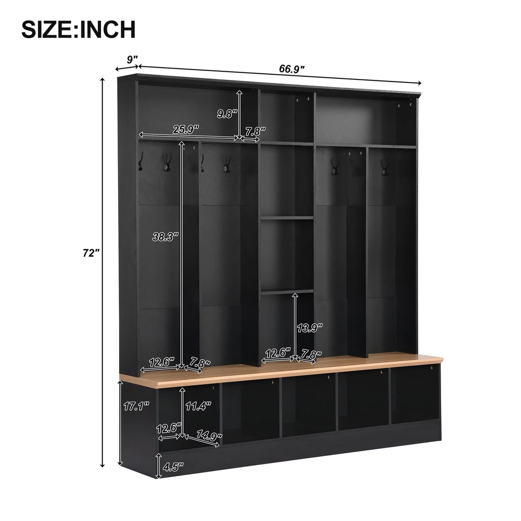 Black Hall Tree with Storage Bench and 8 Hooks V44327