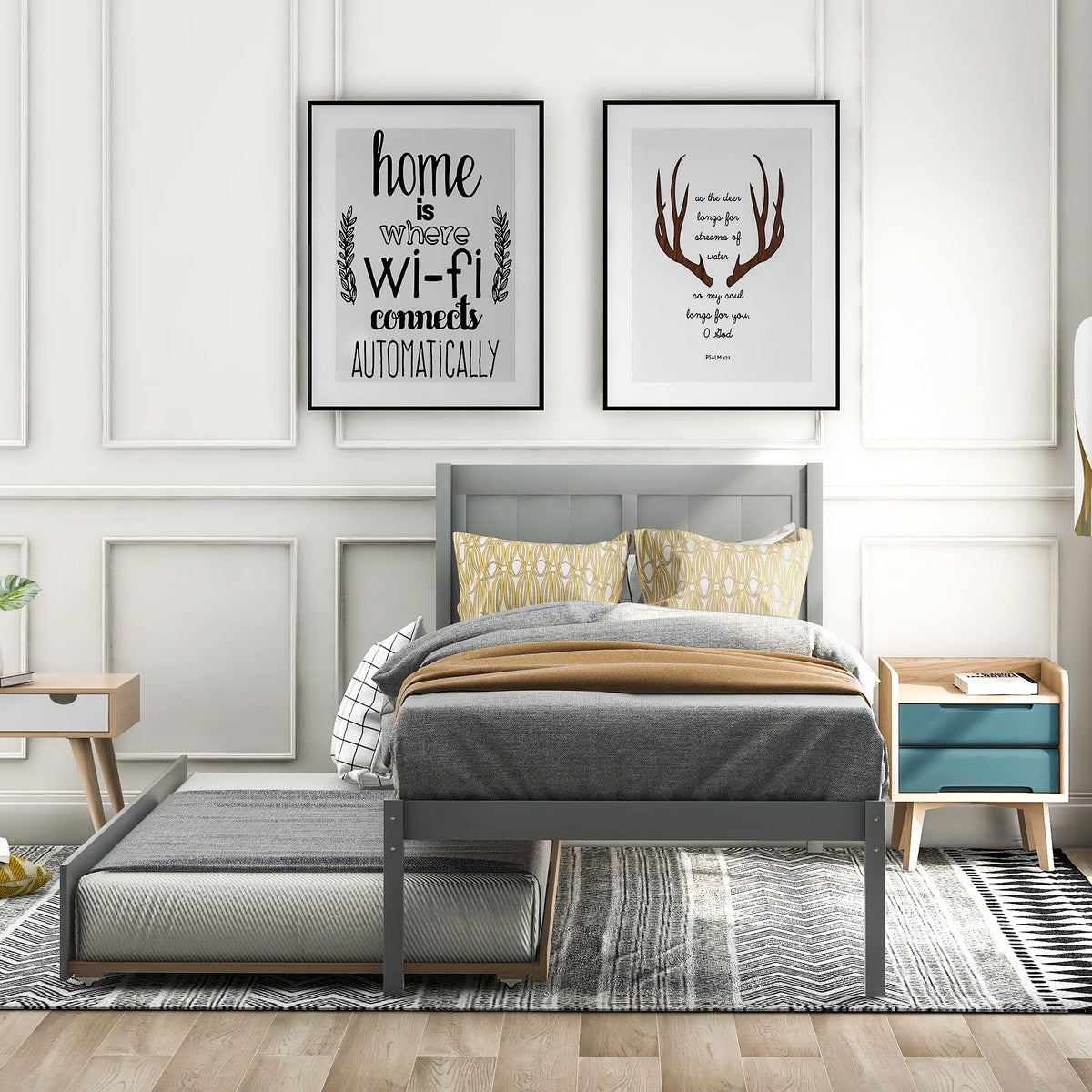 Twin Size Wood Platform Bed with Trundle and Headboard A1675