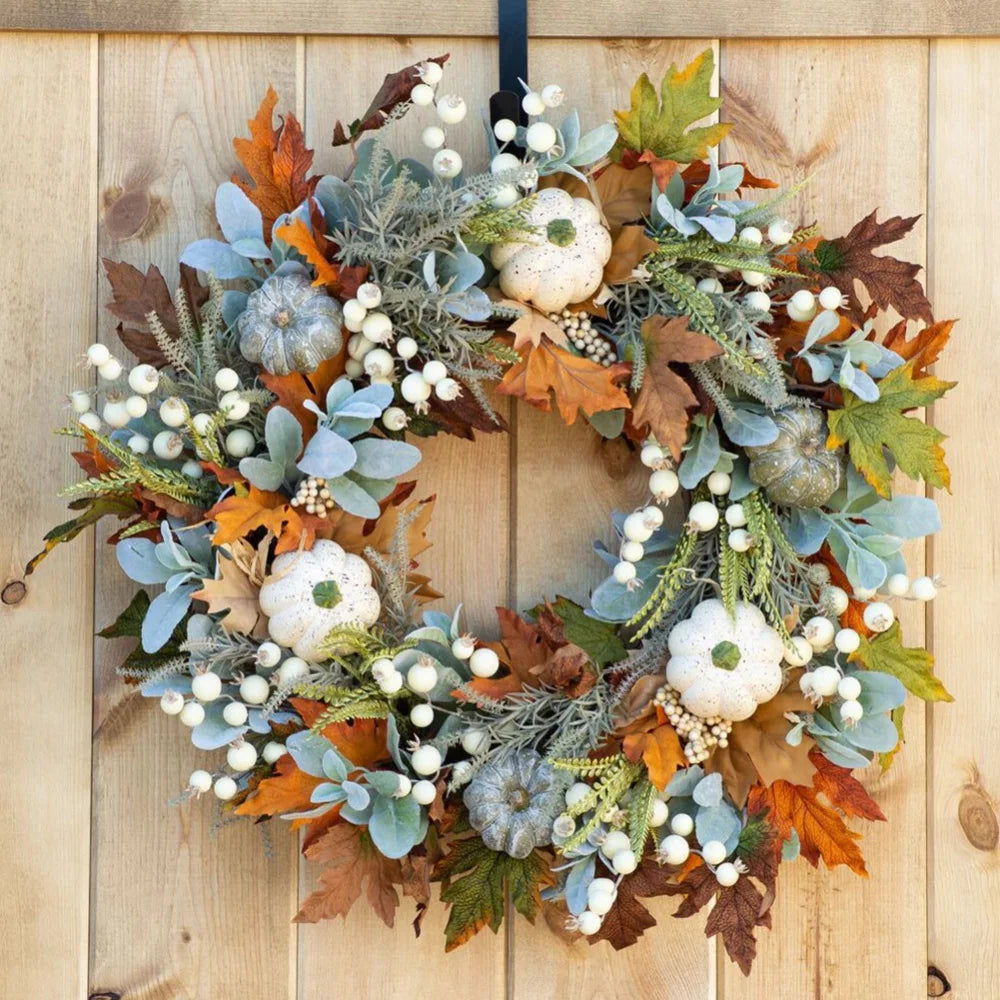 18" Artificial Fall Wreath with Pumpkins Berry Maples Leaves S334315