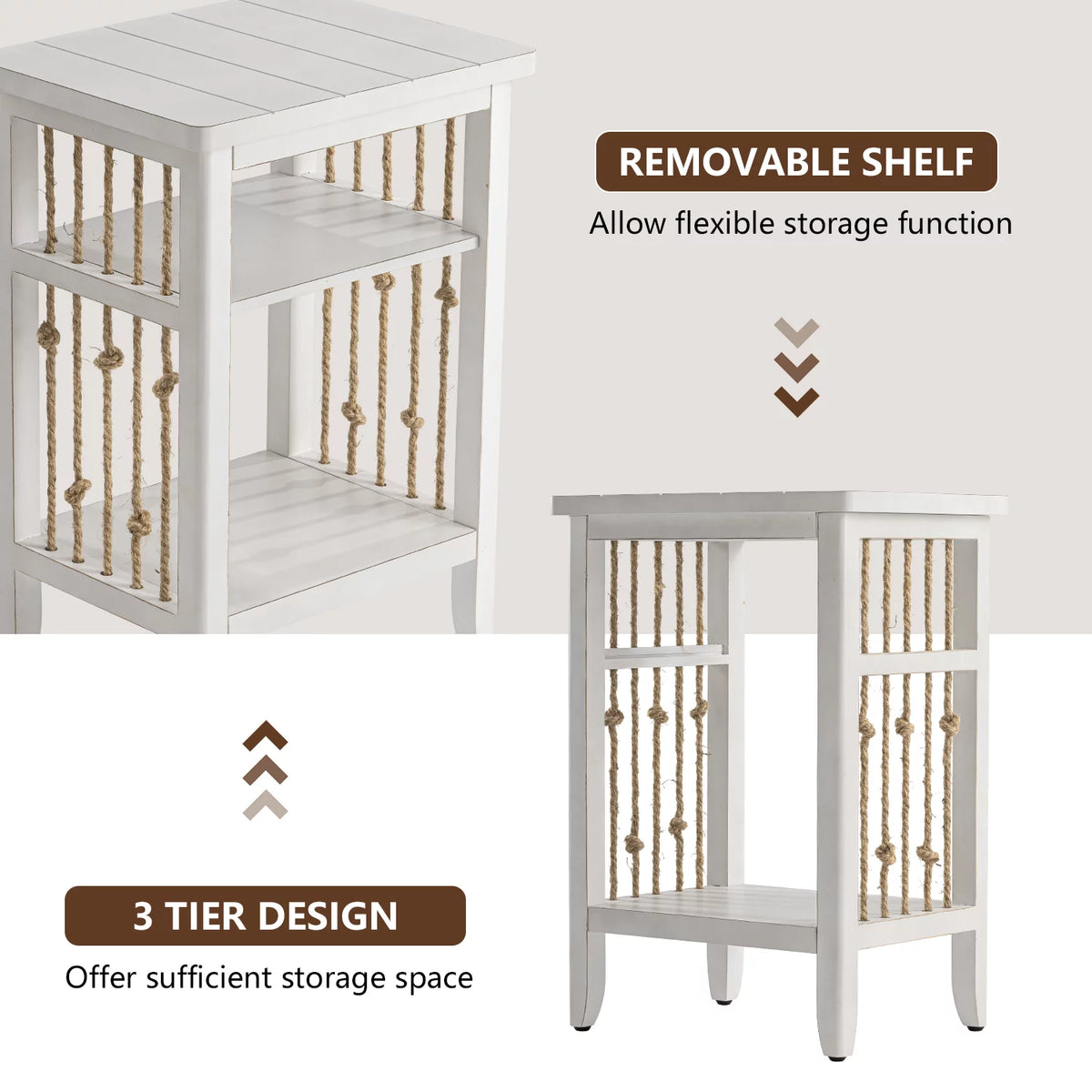 White 3-Tier MDF Side Table with Hemp Rope S457