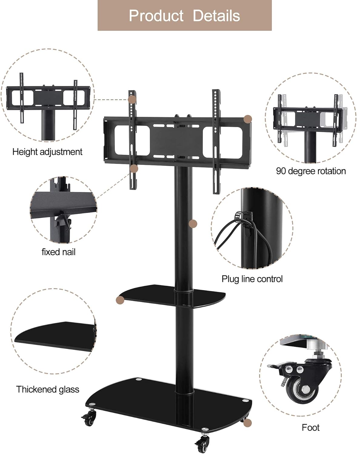 Mobile TV Cart with Wheels for 32-65 Inch, Height and Angle Adjustable Tempered Glass Metal Frame C506233