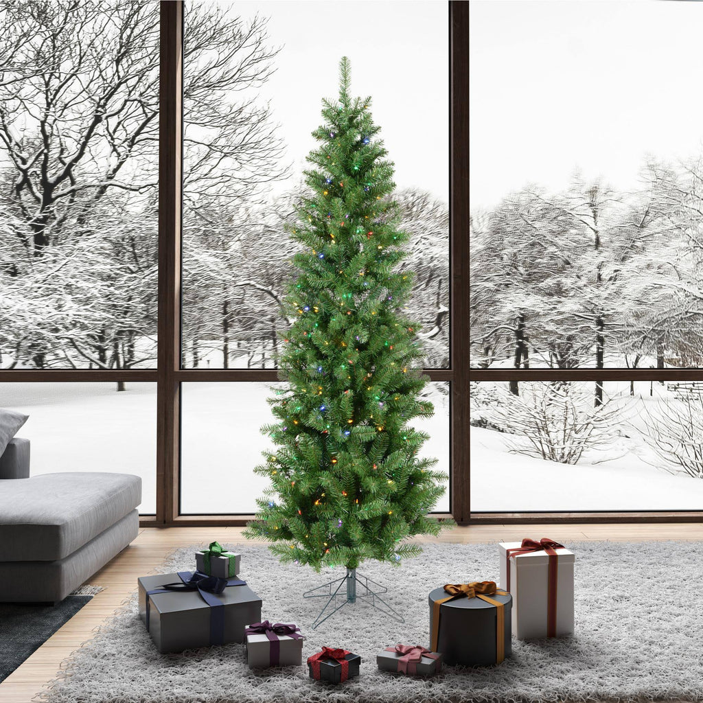 7.5 ft Salem Pencil Pine Christmas Tree with Multi-Colored LED Lights H80057