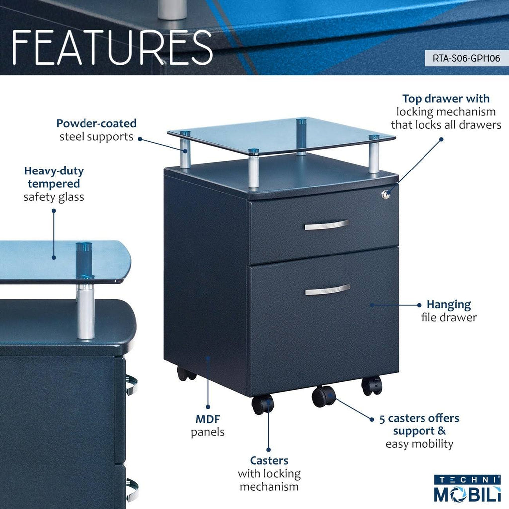 Graphite Rolling File Cabinet with Glass Top J866