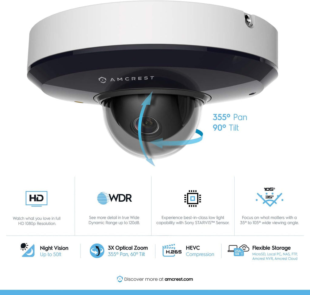1080P PTZ Outdoor IP PoE Camera with 3X Optical Zoom, Night Vision up to 49ft, Pan/Tilt K349