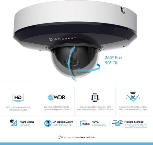 1080P PTZ Outdoor IP PoE Camera with 3X Optical Zoom, Night Vision up to 49ft, Pan/Tilt K349