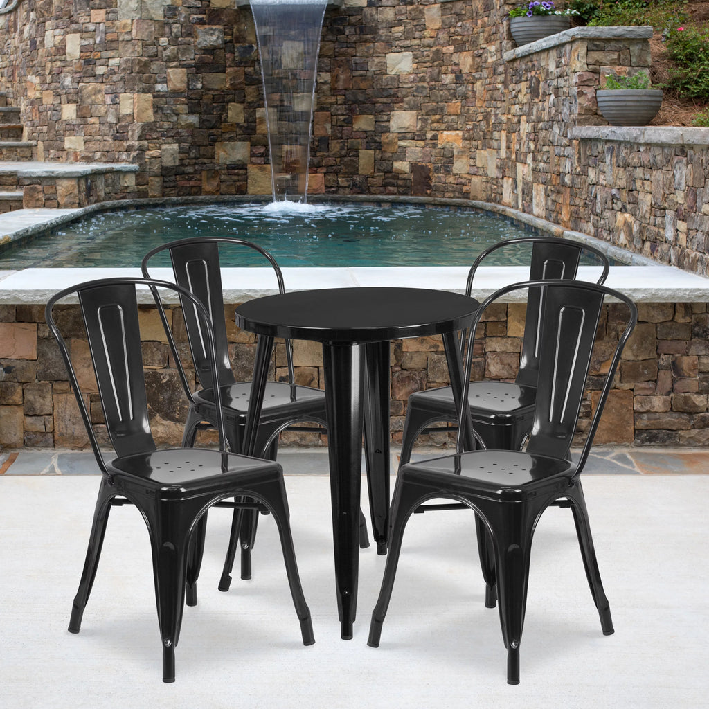24" Round Black Metal Indoor-Outdoor Table Set with 4 Cafe Chairs E681763
