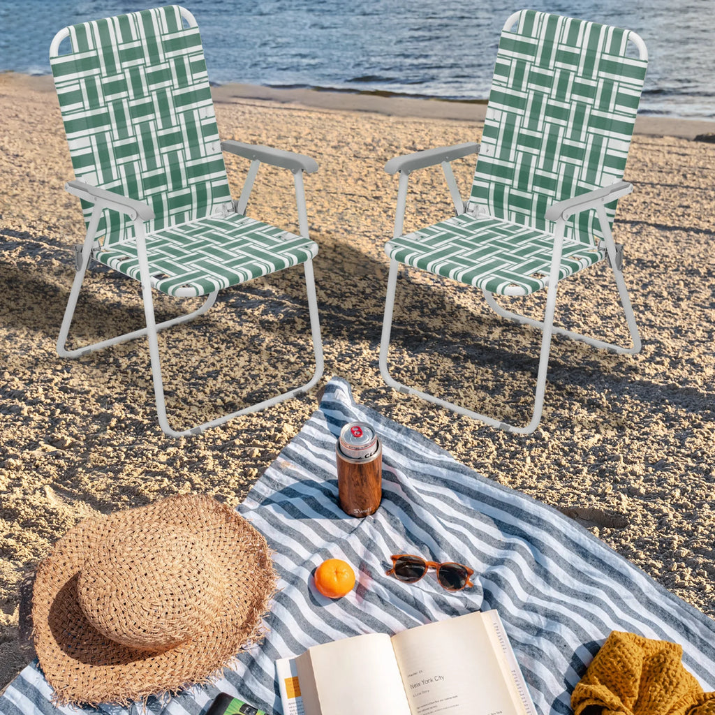 Dark Green 2 Pieces Folding Beach Chairs with Armrests I5045
