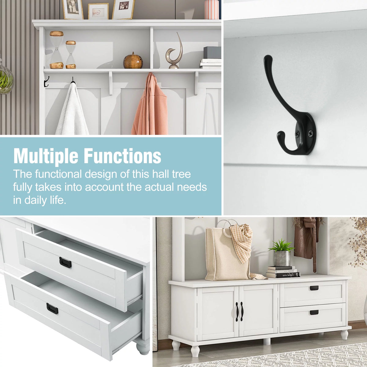 White Hall Tree with Storage Cabinet and 2 Drawers Z449588