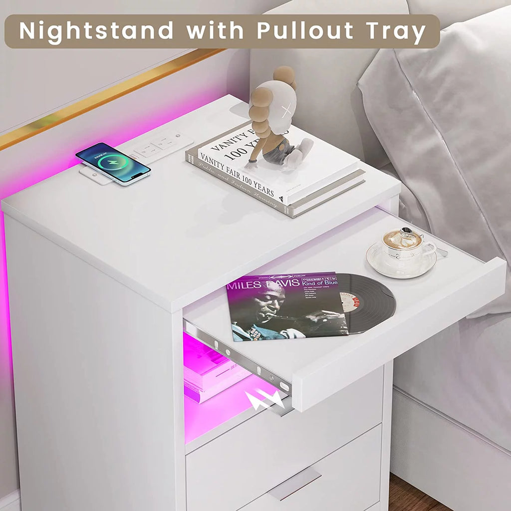 Set of 2 Black LED Nightstand with Wireless Charging Station & 2 Drawers J474
