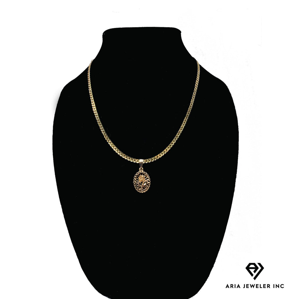 14k Bonded Gold Necklace with Oval Rose Pendant, 14K Cuban Chain Necklace R5124