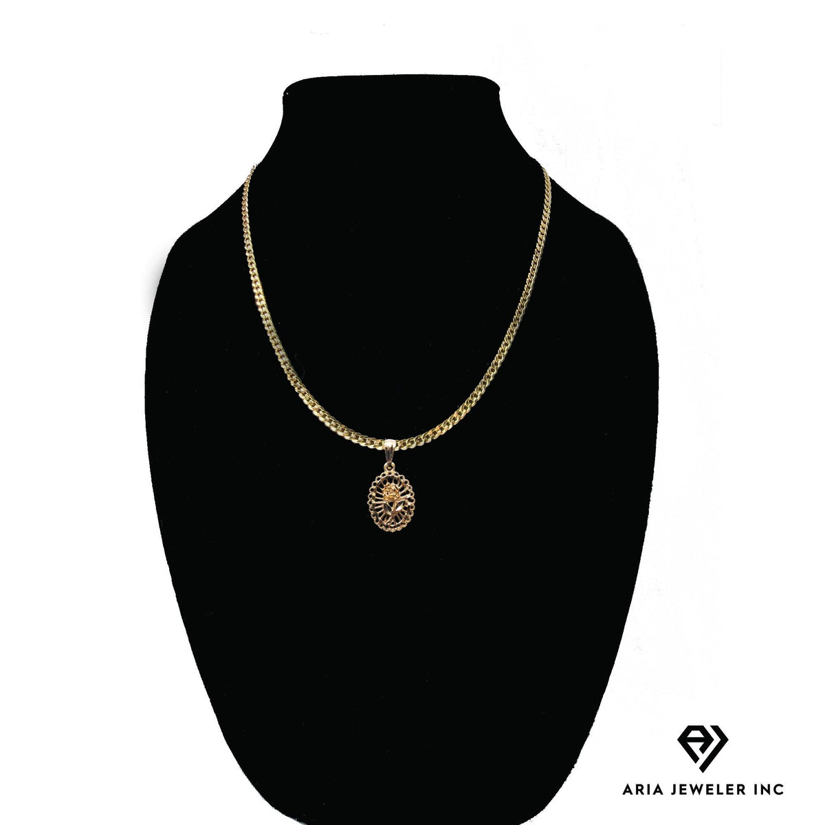 14k Bonded Gold Necklace with Oval Rose Pendant, 14K Cuban Chain Necklace R5124