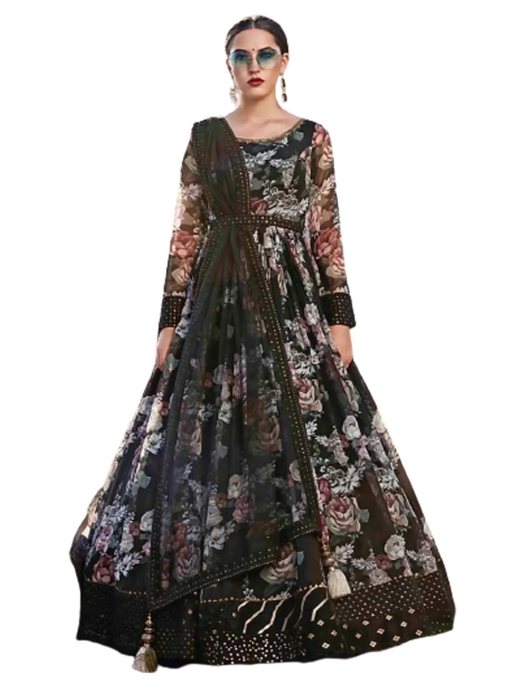 Black Floral Printed Long Anarkali Dress U1085