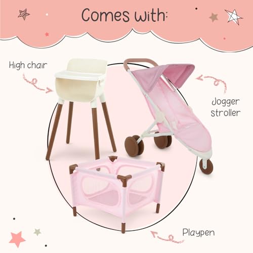 14-Inch Baby Doll Nursery Playset with High Chair, Playpen & Jogger Stroller R908