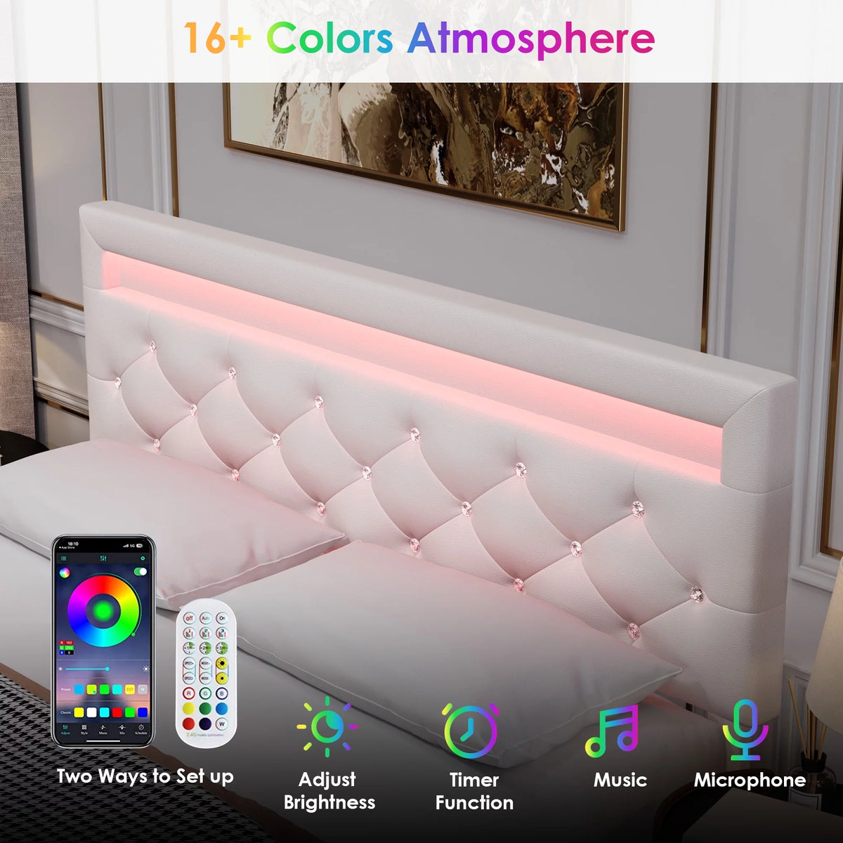 Queen Size LED Upholstered Platform Bed Frame with Adjustable Headboard M521809