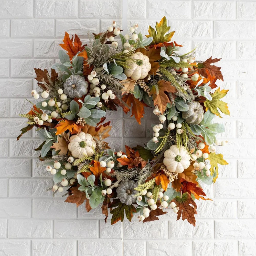 18" Artificial Fall Wreath with Pumpkins Berry Maples Leaves S334315