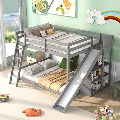 Modern Grey Wood Bunk Bed with Slide and Storage Shelves N894