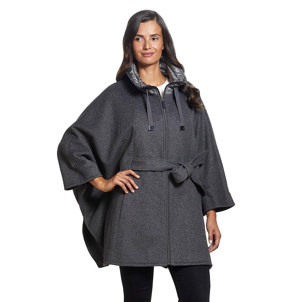 Modern Cape with Zip Front and Quilted Collar, Melange Gray, Size Large J275798